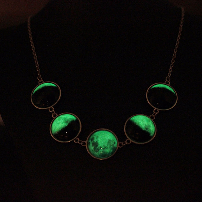 Luminous Dome Cabochon Glow In The Dark Lunar Moon Phase Necklace