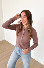 Mocha 1/2 Snap Button Waffle Knit Top