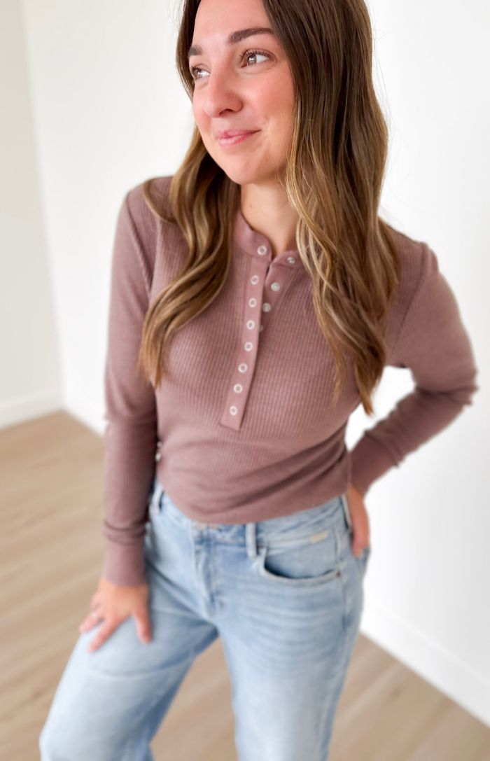 Mocha 1/2 Snap Button Waffle Knit Top