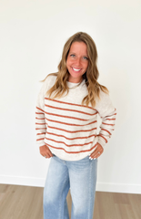 Oatmeal & Rust Ribbed Striped Knit Sweater
