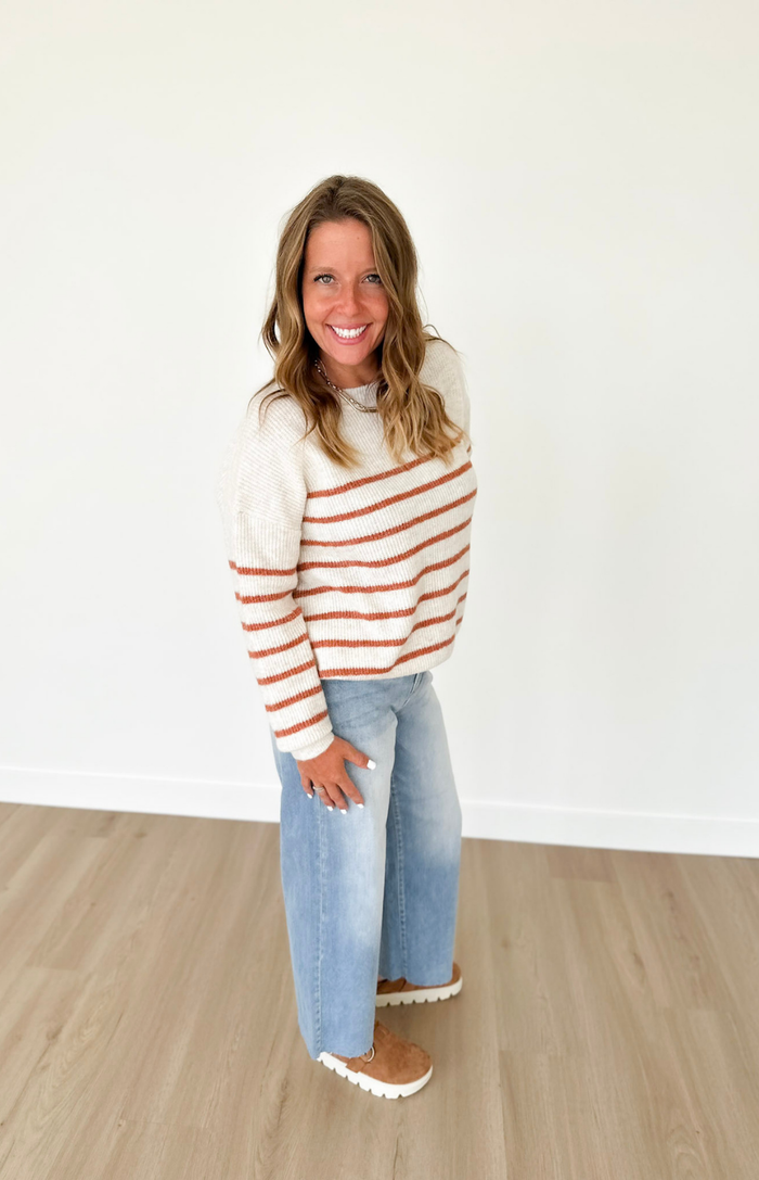 Oatmeal & Rust Ribbed Striped Knit Sweater