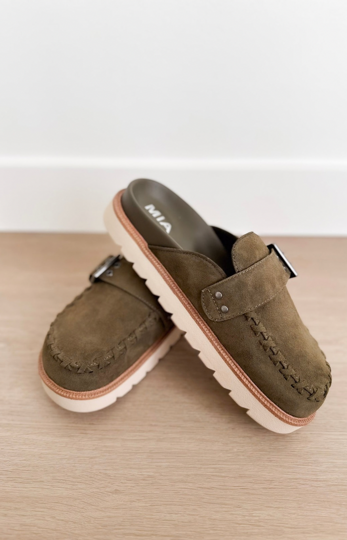 Olive Suede Slip On Clog Mule