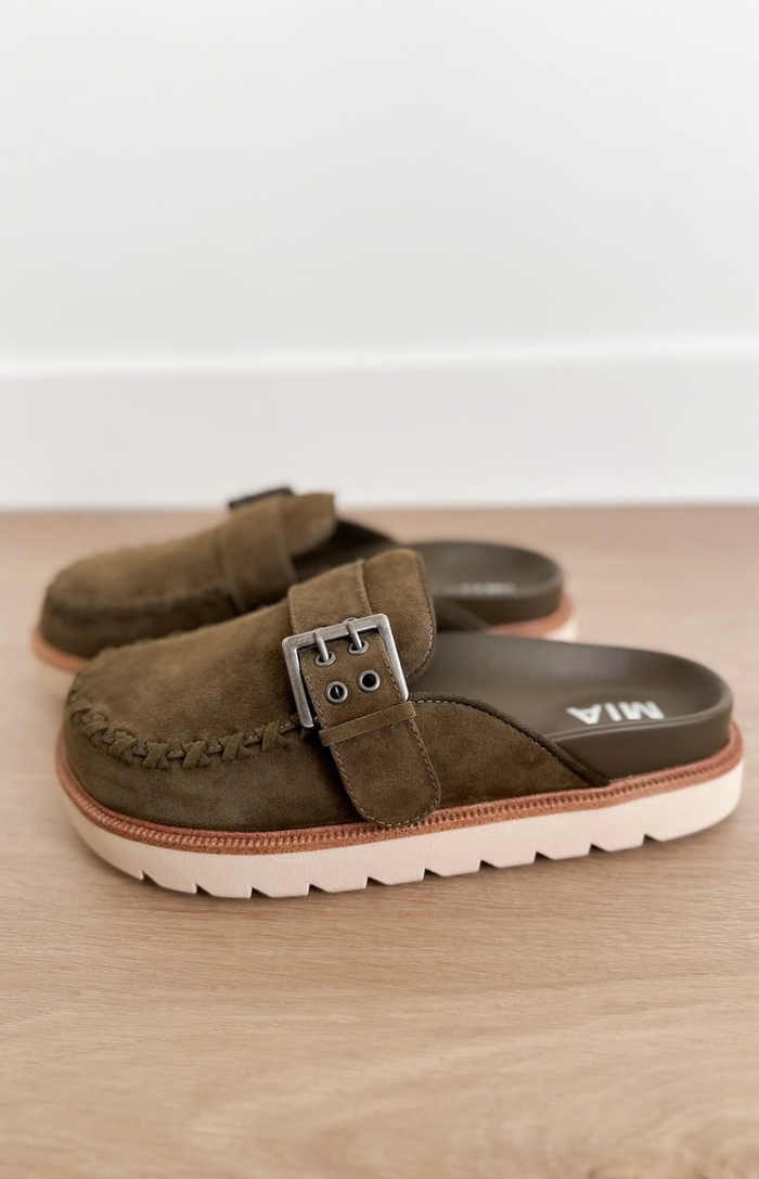 Olive Suede Slip On Clog Mule