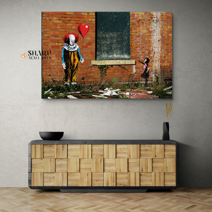 Pennywise Clown vs Banksy Girl with Balloon Wall Art Canvas - SharpWallArts