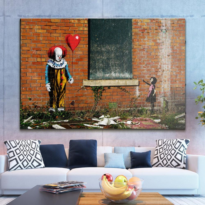 Pennywise Clown vs Banksy Girl with Balloon Wall Art Canvas - SharpWallArts