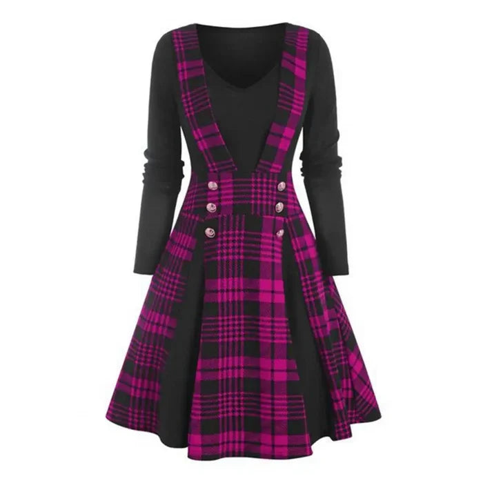 Plaid V Neck Long Sleeve Dress