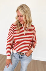 Rust 1/2 Zip Mock Neck Striped Pullover
