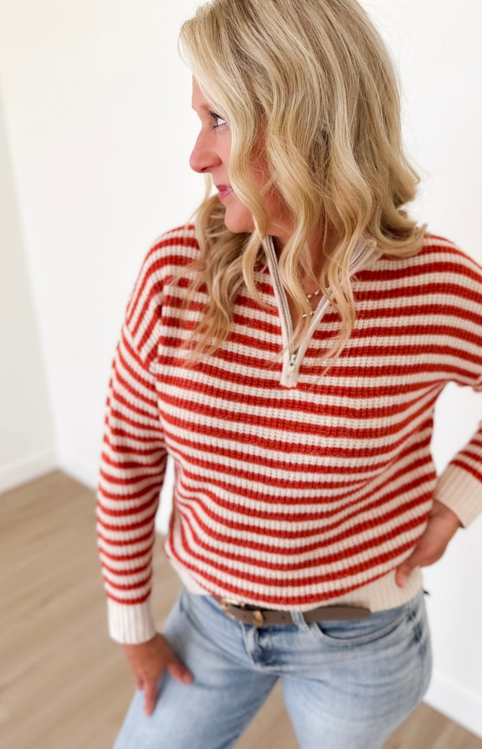 Rust 1/2 Zip Mock Neck Striped Pullover