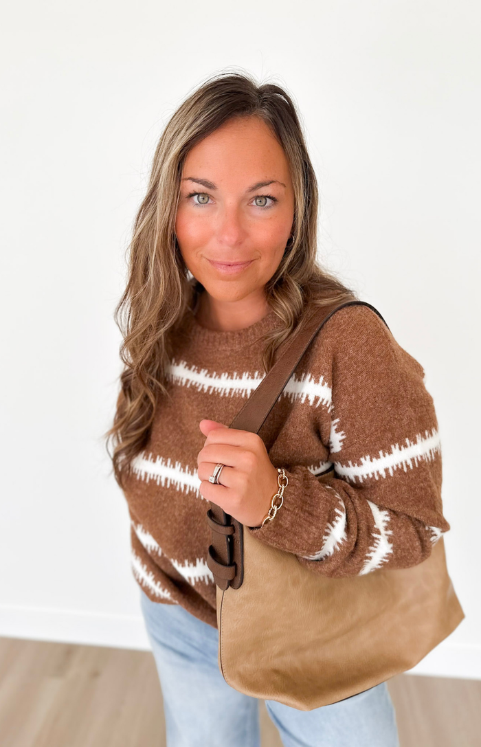Rust Textured Cream Striped Sweater