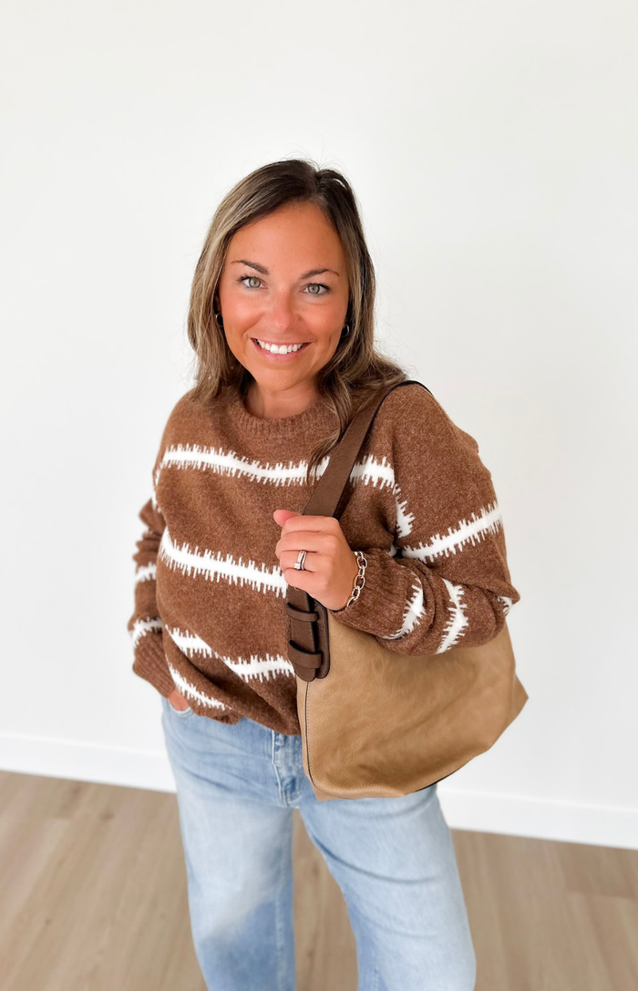 Rust Textured Cream Striped Sweater