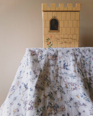 La La Lu Spring cotton muslin baby swaddle blanket with lambs, flowers, bunny and swallows.
