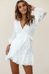 Cami Balloon Sleeve Faux Wrap Dress Lace White