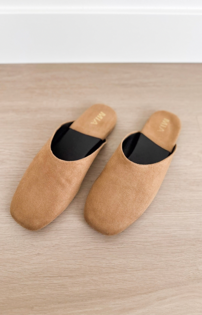 Tan Suede Slip On Mules