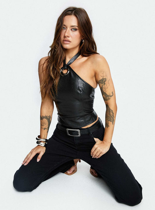 Treat You Better Ring Detail Faux Leather Top Black