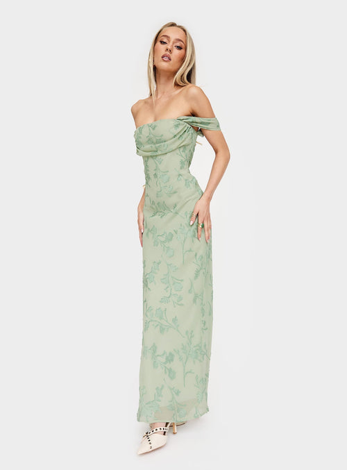 Azura Off The Shoulder Maxi Dress Green Burnout