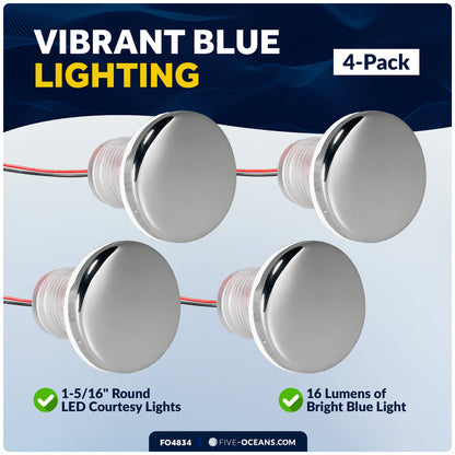 1-5/16" Round LED Thru-Hull Livewell / Courtesy Light, Blue 3LM, 12V, 4-Pack - FO4834 - Five Oceans