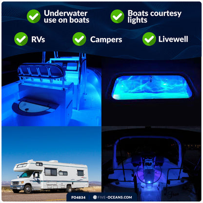 1-5/16" Round LED Thru-Hull Livewell / Courtesy Light, Blue 3LM, 12V, 4-Pack - FO4834 - Five Oceans