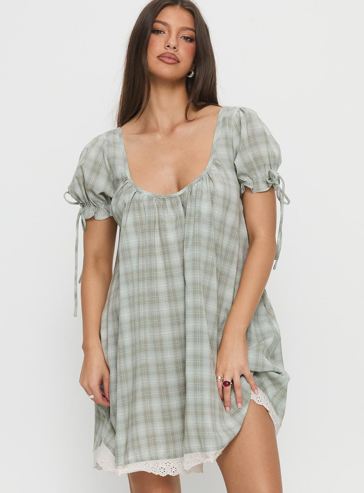 Embracing Puff Sleeve Swing Mini Dress Blue Check