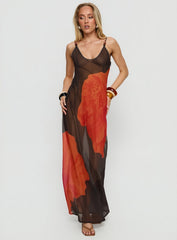 Carita Sheer Chiffon Maxi Dress Brown / Orange Floral