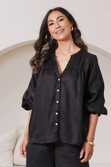 Adriana Long Sleeve Linen Top in Black