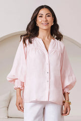 Adriana Long Sleeve Linen Top in Blush