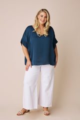 Bianca Short Sleeve Top Navy with V Neck