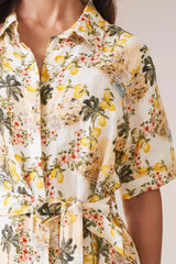 Positano Floral Mid Sleeve Collared Linen Midi Dress