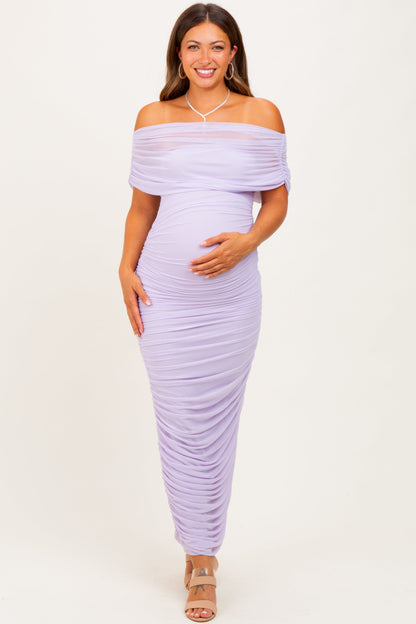 Lavender Ruched Mesh Foldover Off Shoulder Maternity Maxi Dress