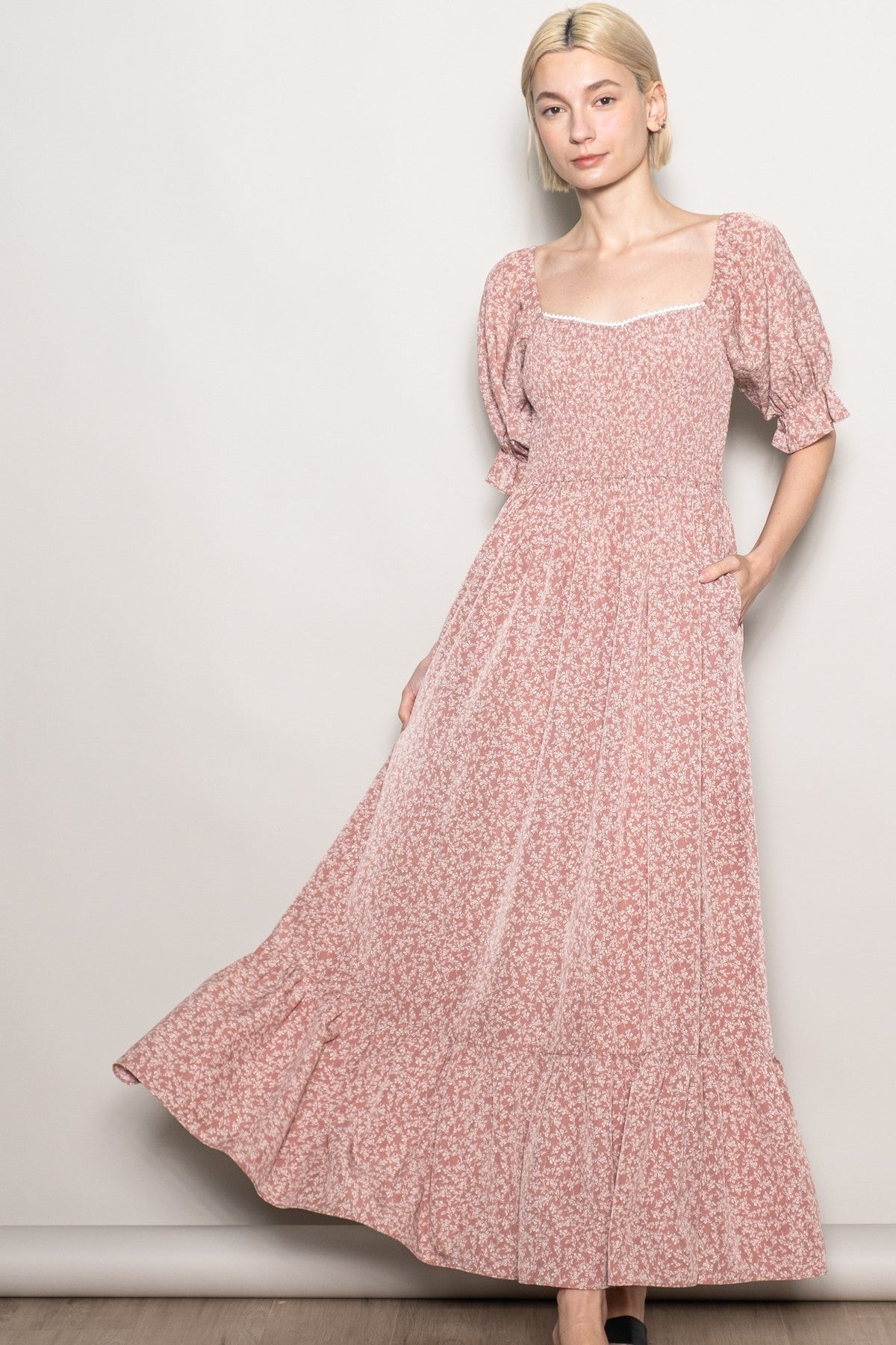 Mauve Floral Lace Trim Smocked Maternity Maxi Dress