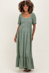 Light Olive Floral Lace Trim Smocked Maternity Maxi Dress
