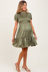 Light Olive Satin Smocked Mock Neck Maternity Dress