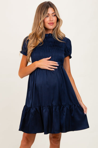 Navy Satin Smocked Mock Neck Maternity Dress