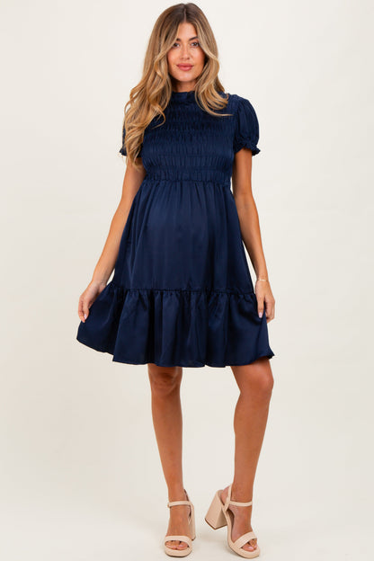 Navy Satin Smocked Mock Neck Maternity Dress