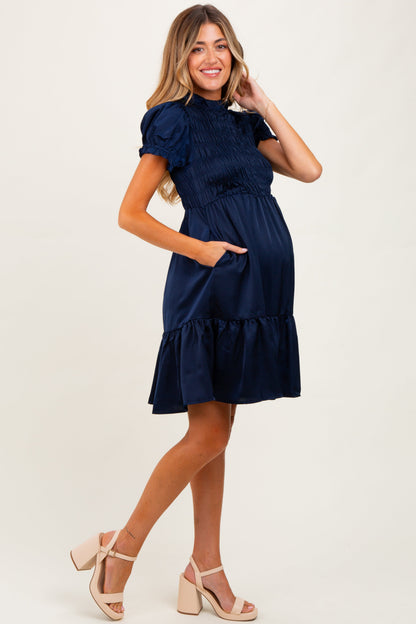Navy Satin Smocked Mock Neck Maternity Dress
