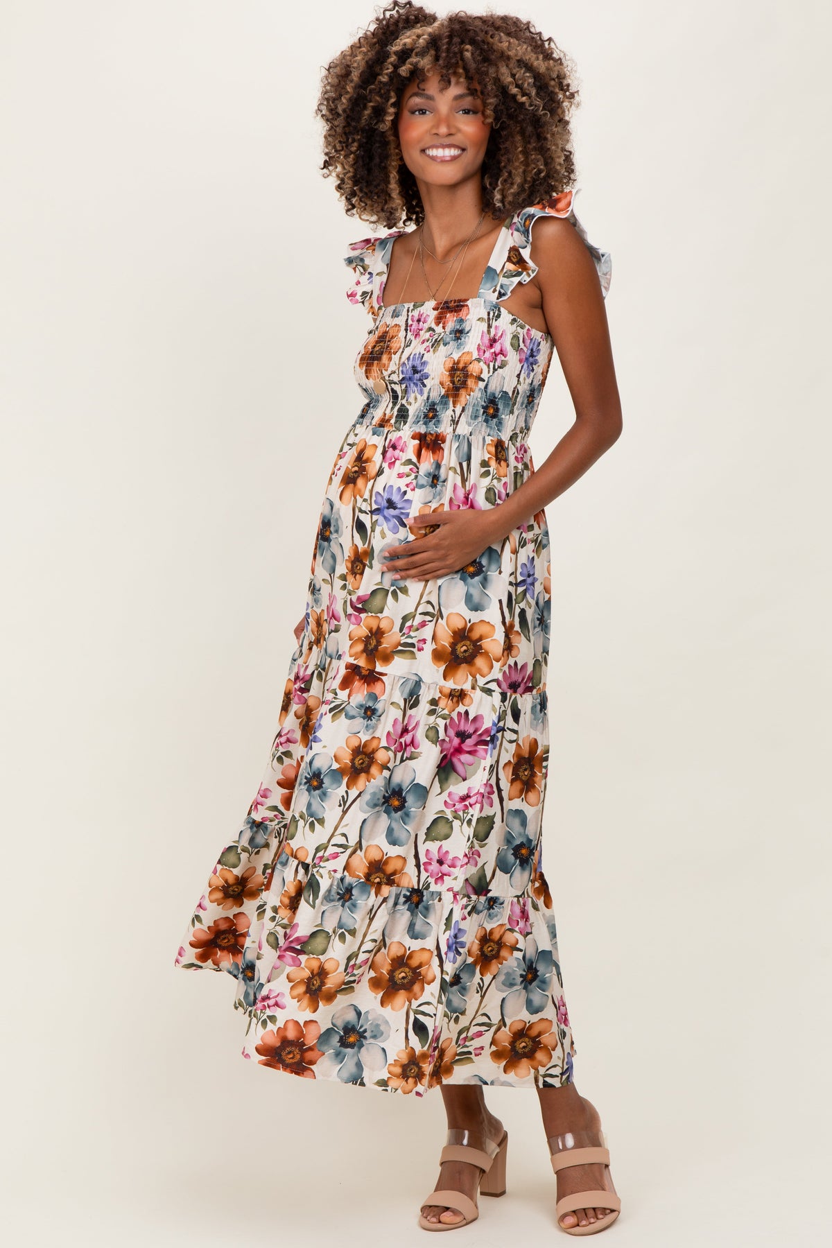 Multicolor Floral Smocked Tiered Maternity Maxi Dress