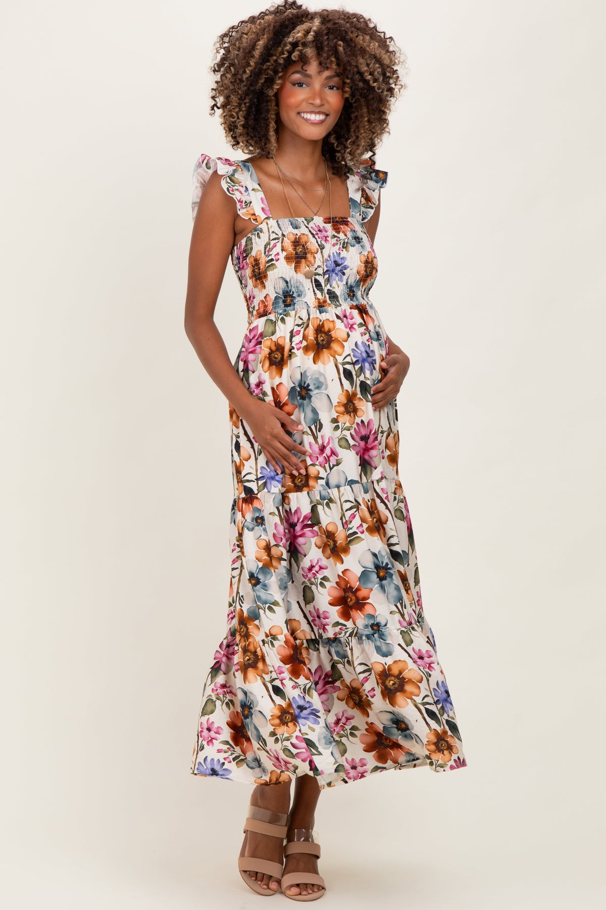 Multicolor Floral Smocked Tiered Maternity Maxi Dress