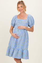 Blue Gingham Smocked Puff Sleeve Maternity Dress