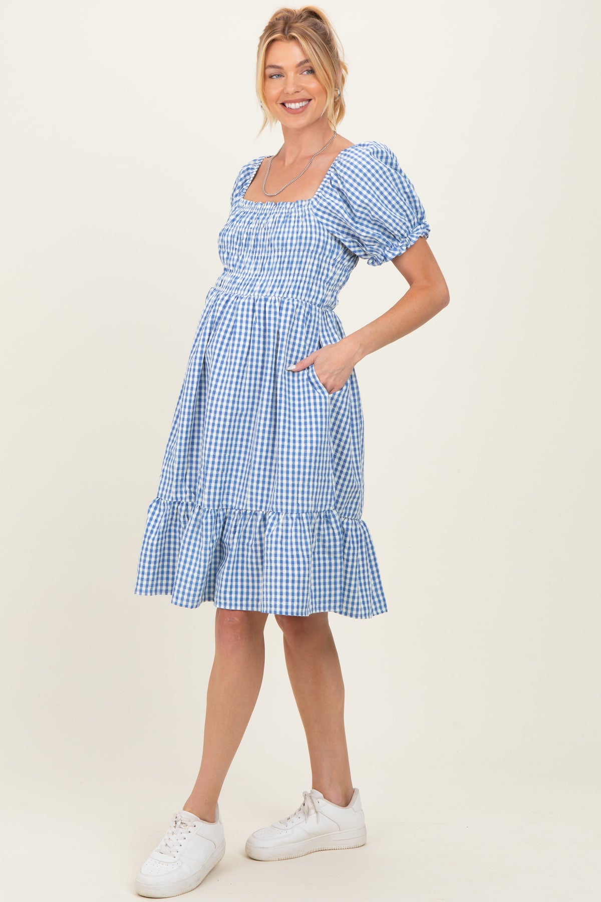 Blue Gingham Smocked Puff Sleeve Maternity Dress