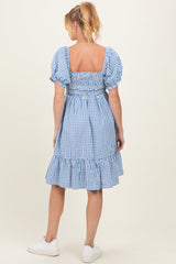 Blue Gingham Smocked Puff Sleeve Maternity Dress