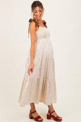 Cream Polka Dot Tiered Shoulder Tie Maternity Midi Dress
