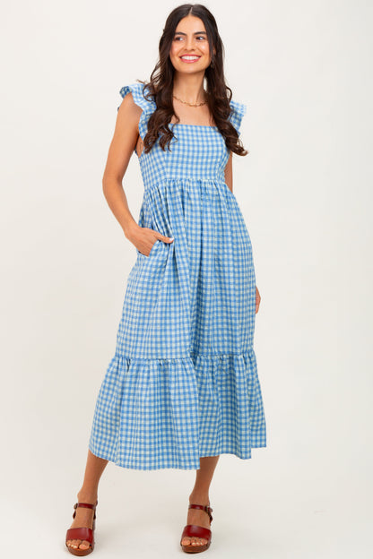 Blue Gingham Ruffle Strap Maternity Midi Dress