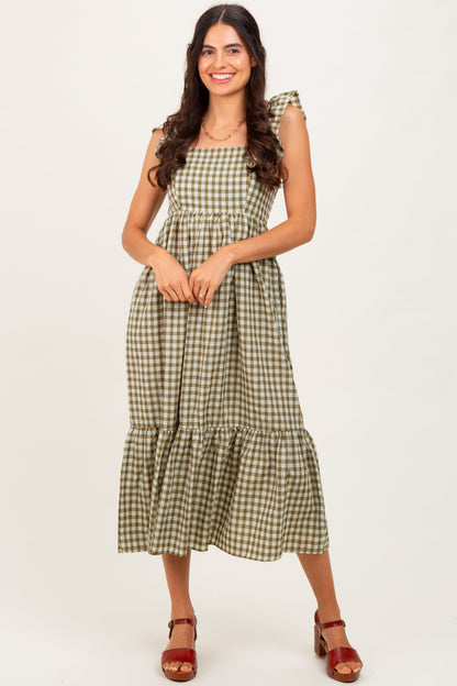 Olive Gingham Ruffle Strap Maternity Midi Dress