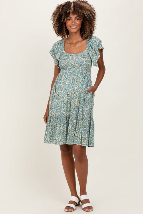 Light Olive Floral Smocked Flutter Sleeve Maternity Dress