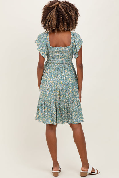Light Olive Floral Smocked Flutter Sleeve Maternity Dress