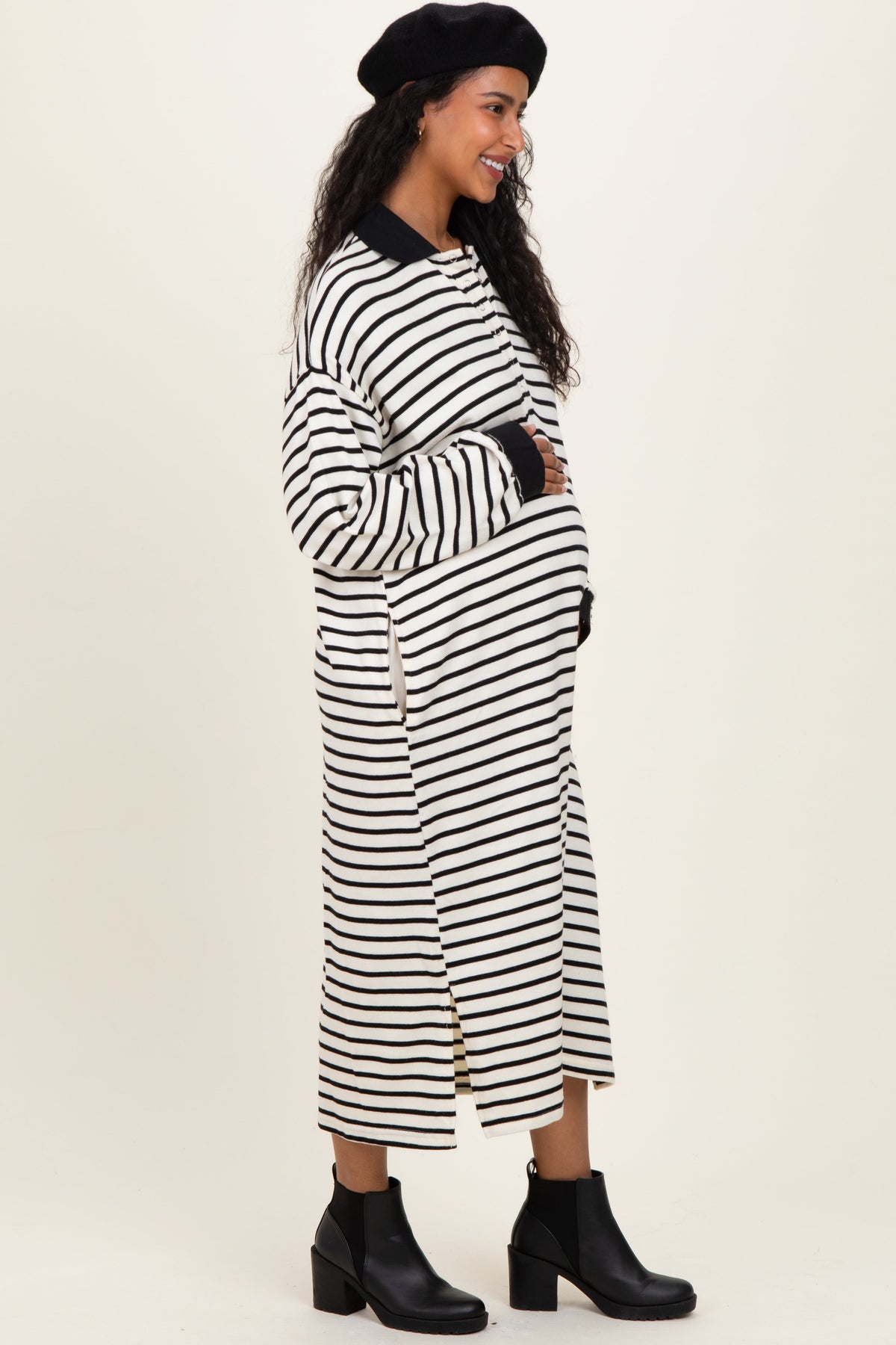 Black Stripe Snap Button Long Sleeve Maternity Midi Dress