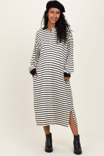 Black Stripe Snap Button Long Sleeve Maternity Midi Dress