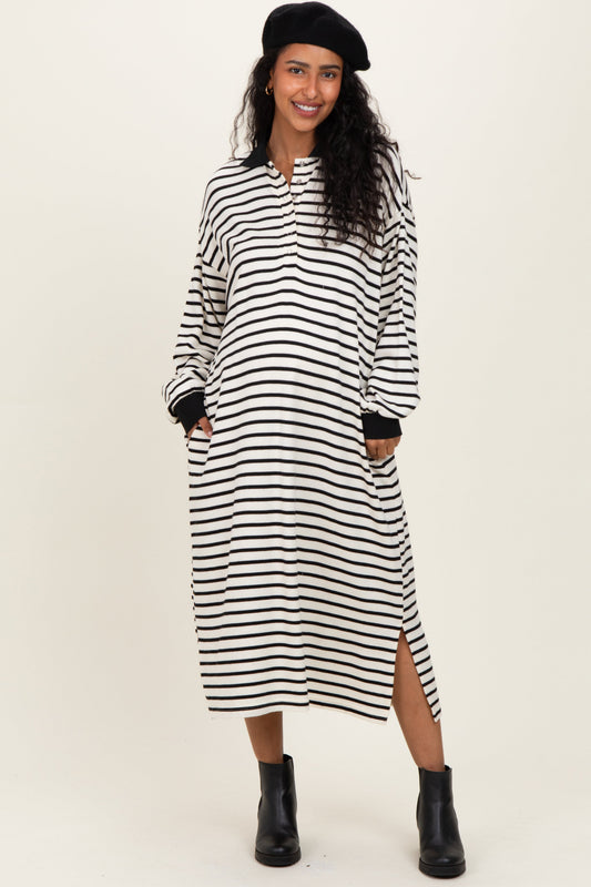 Black Stripe Snap Button Long Sleeve Maternity Midi Dress
