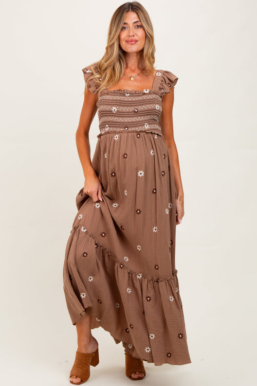 Mocha Floral Embroidered Smocked Maternity Maxi Dress