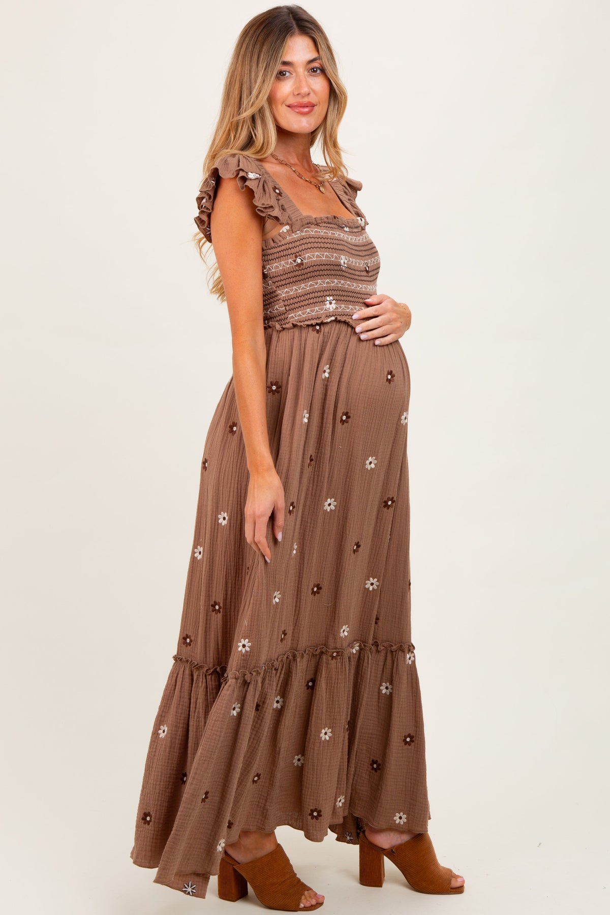 Mocha Floral Embroidered Smocked Maternity Maxi Dress
