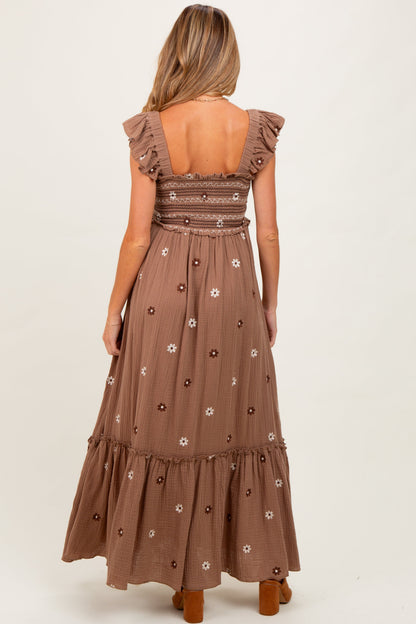 Mocha Floral Embroidered Smocked Maternity Maxi Dress